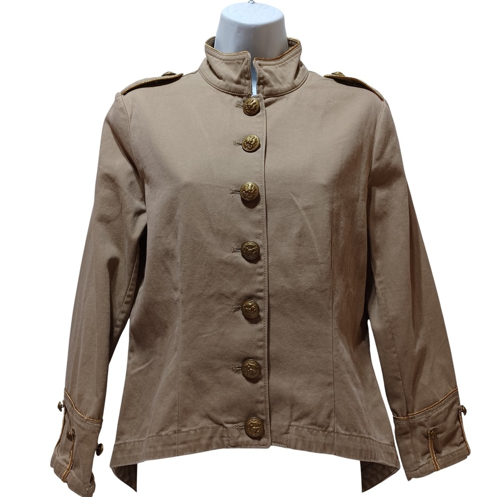 Ralph Lauren Denim Supply Womens M Khaki Military‎ Band Jacket Gold Buttons Chic